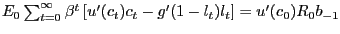 $ E_{0} \sum_{t=0}^{\infty} \beta^{t} \left[ u^{\prime}(c_{t})c_{t} - g^{\prime}(1-l_{t})l_{t}\right] = u^{\prime}(c_{0}) R_{0} b_{-1}$