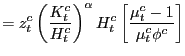 $\displaystyle =z_{t}^{c}\left( \frac{K_{t}^{c}}{H_{t}^{c}}\right) ^{\alpha }H_{t}^{c}\left[ \frac{\mu_{t}^{c}-1}{\mu_{t}^{c}\phi^{c}}\right]$