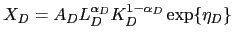 $\displaystyle X_{D}=A_{D}L_{D}^{\alpha_{D}}K_{D}^{1-\alpha_{D}}\exp\{\eta_{D}\}$