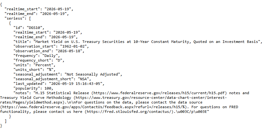 JSON data structure showing FRED API response for 10-Year Treasury yield (DGS10) series metadata.
