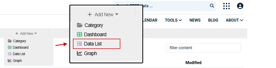 FRED website interface showing navigation menu with Data List option highlighted in left sidebar.