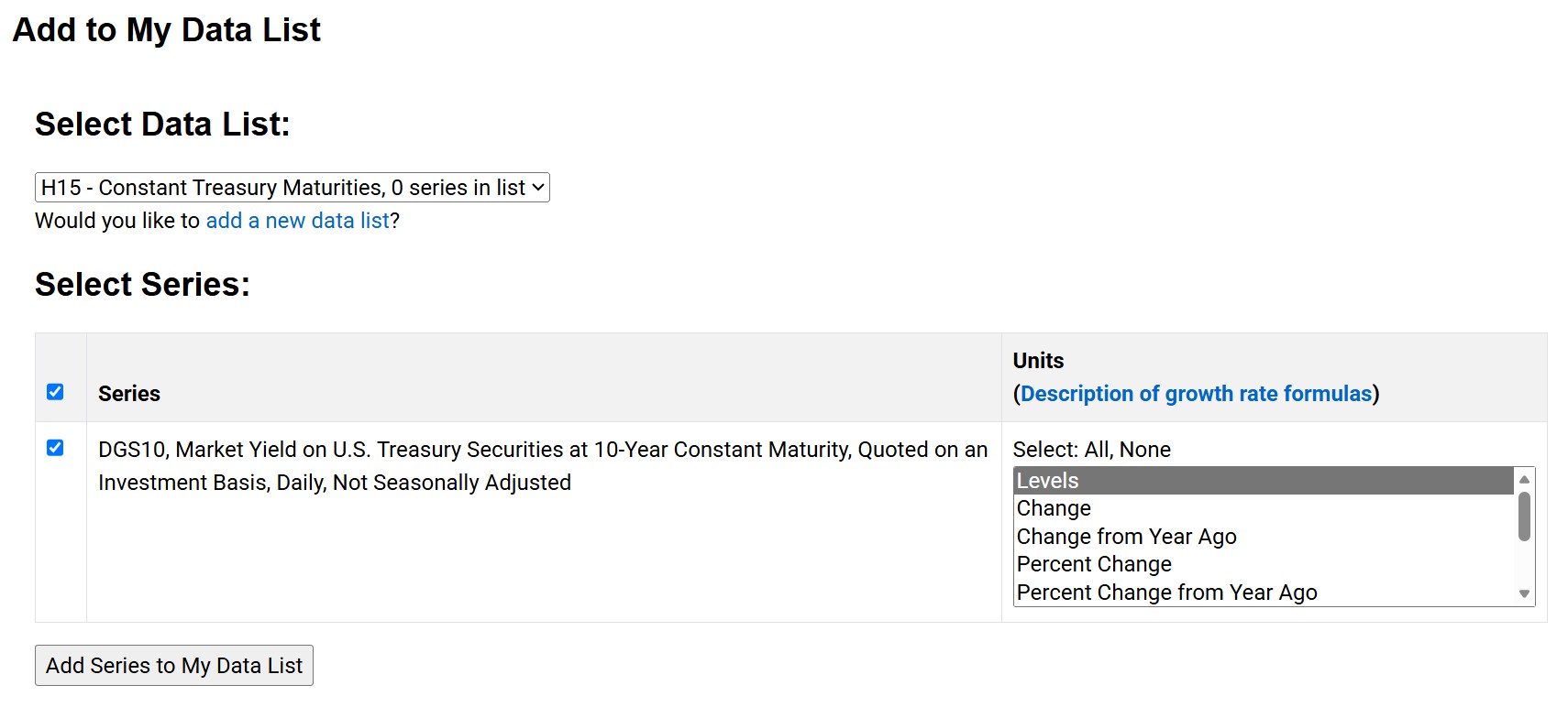 FRED dialog for adding 10-Year Treasury yield series to "H15 - Constant Treasury Maturities" list.