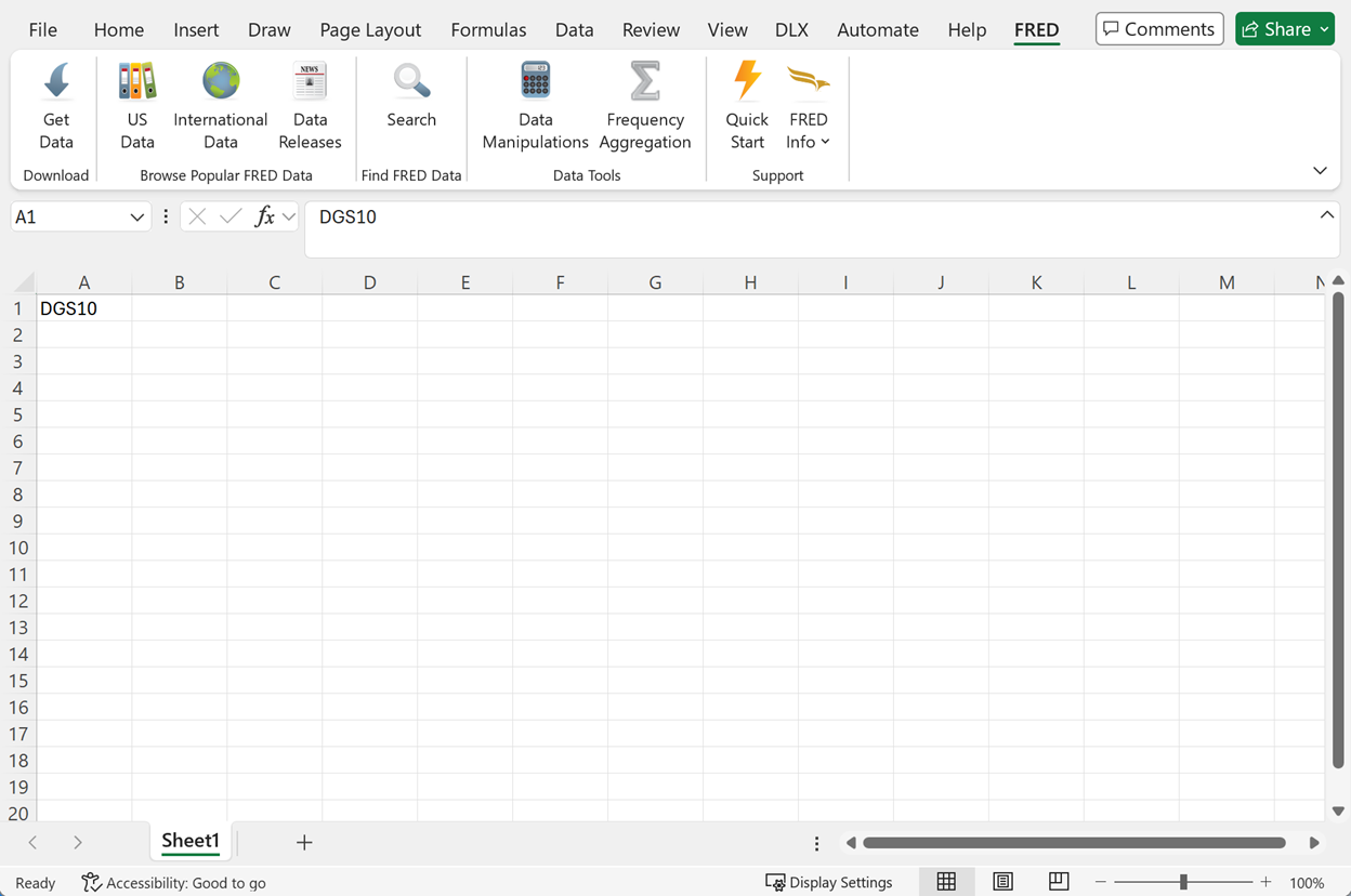 Excel spreadsheet with FRED add-in toolbar showing data access options and "DGS10" in cell A1.