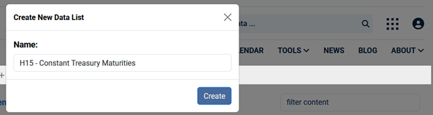 FRED popup dialog for creating a new data list named "H15 - Constant Treasury Maturities".