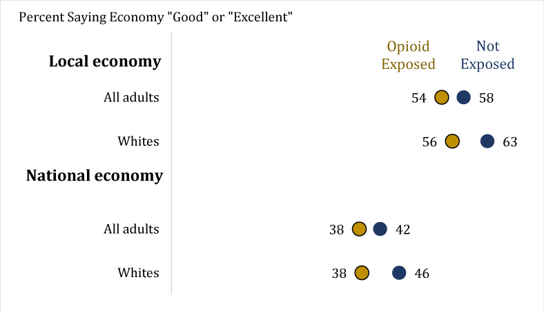 Figure 2. Self-assessment of economic conditions somewhat less favorable among those personally exposed to opioid epidemic. See accessible link for data description.