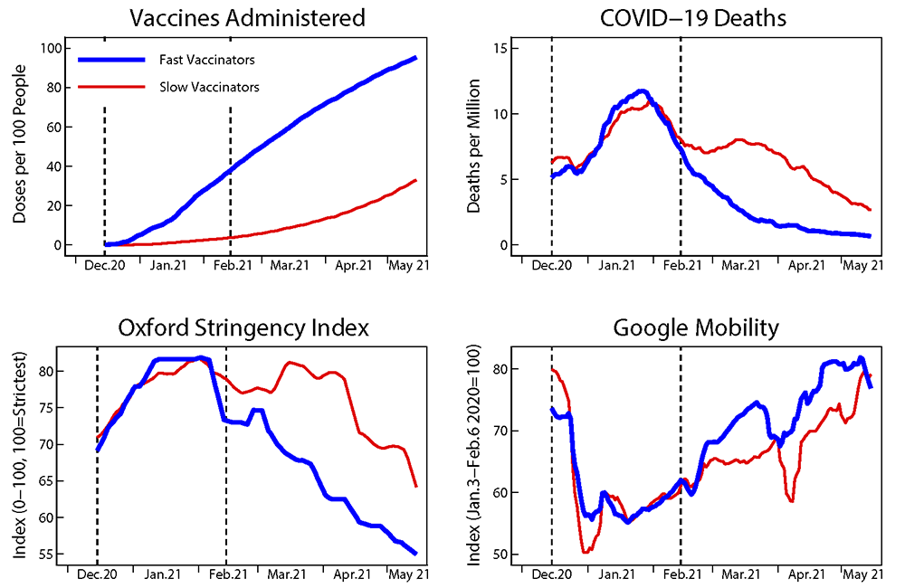 Figure 2. Vaccinations, Deaths, Stringency, and Mobility: Fast vs. Slow Vaccinators. See accessible link for data.