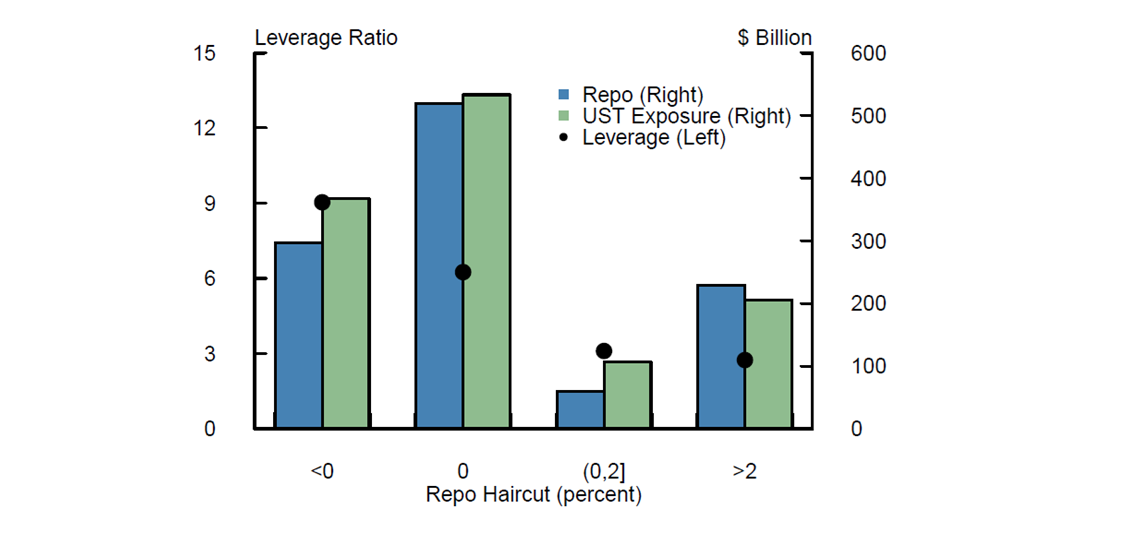 Figure 4. Repo, UST Exposure, and Leverage by Repo Haircut. See accessible link for data.