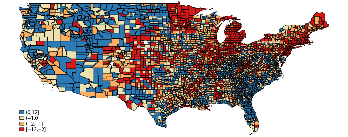 Figure 1. Changes in New Vehicle Purchases by County, 2002-2017. See accessible link for data description.