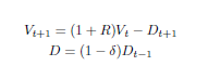 Formula 12: V sub (t+1) equals (1+R) times V sub t, minus D sub (t+1); Formula 13: D equals (1-delta) times D sub (t minus 1)