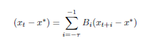 x sub t minus x star equals the summation from i equals negative tau through -1 of B sub i times (x sub t+1 minus x star)