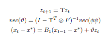 formula 9: z sub t plus 1 equals Upsilon times z sub t ; formula 10: vec(undercase upsilon) equals the inverse of (I minus the tensor product of Upsilon to the T and F) times vec(phi times psi)
