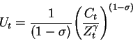 U sub(t) equals 1 divided by (1 minus sigma) times the quantity C sub(t) over Z sub(t) super(gamma) raised to the (1 minus sigma)