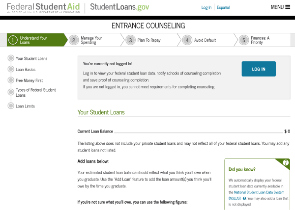 Figure 1. Federal Student Loan entrance counseling tool, Understand Your Loan section