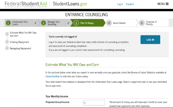 Figure 2. Federal Student Loan entrance counseling tool, Plan To Repay section