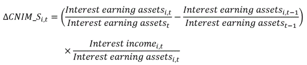 Delta CNIM_S_(i,t)=(Interest earning assets_(i,t)/Interest earning assets_t - Interest earning assets_(i,t-1)/Interest earning assets_(t-1) ) times Interest income_(i,t)/Interest earning assets_(i,t)
