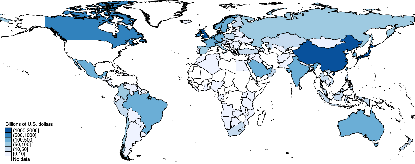 Figure 3: World Map of Foreign Residents' Holdings of Total U.S. Long-Term Securities. See accessible link for data description.