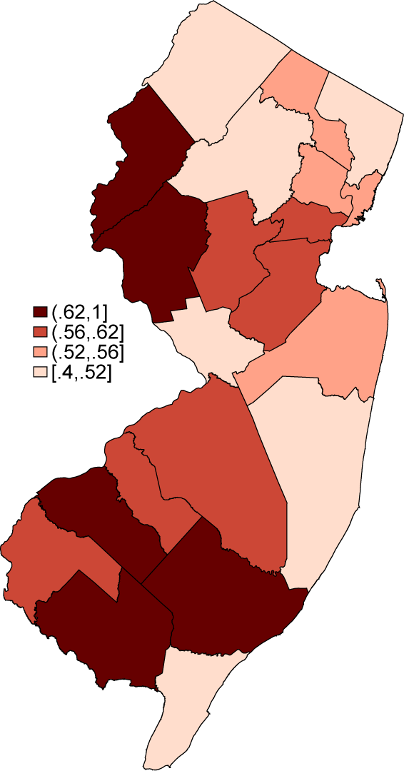 Figure 1: Shares of Firms covered by the FLI across counties in New Jersey, 2014. See accessible link for data description.