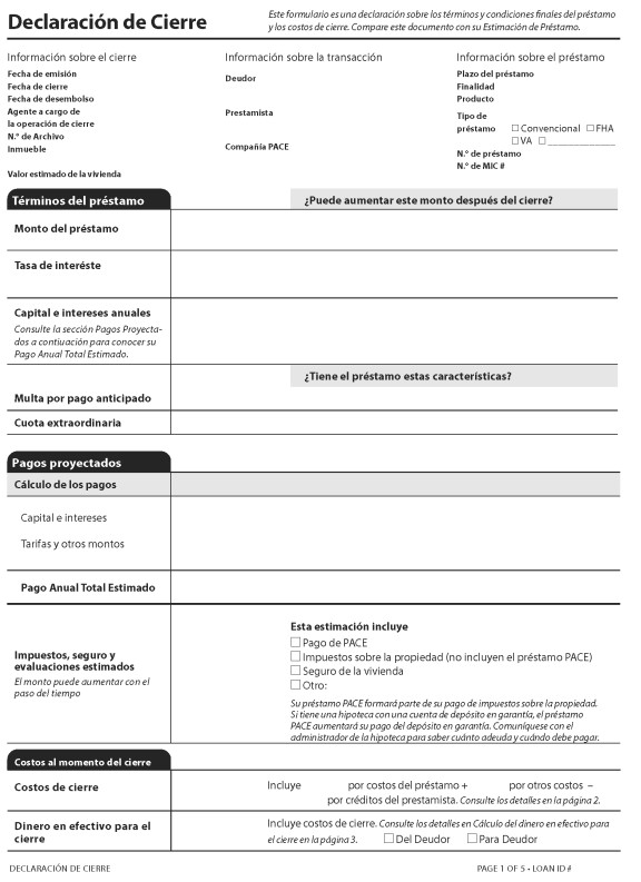 H-28(L)—Mortgage Loan Transaction Closing Disclosure—Model Form for Pace Transactions—Spanish Language Model Form