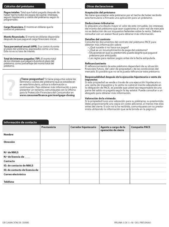 H-28(L)—Mortgage Loan Transaction Closing Disclosure—Model Form for Pace Transactions—Spanish Language Model Form (continued)