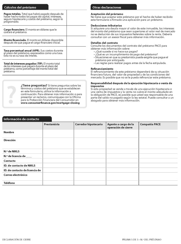 H-28(L)—Mortgage Loan Transaction Closing Disclosure—Model Form for Pace Transactions—Spanish Language Model Form (continued)