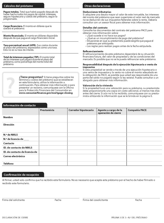 H-28(L)—Mortgage Loan Transaction Closing Disclosure—Model Form for Pace Transactions—Spanish Language Model Form (continued)