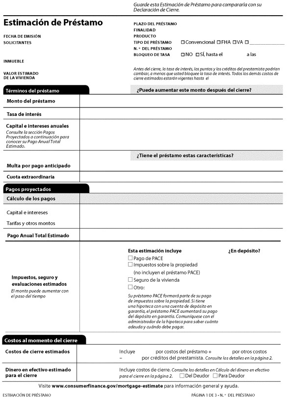 H-28(K)—Mortgage Loan Transaction Loan Estimate—Model Form for Pace Transactions—Spanish Language Model Form