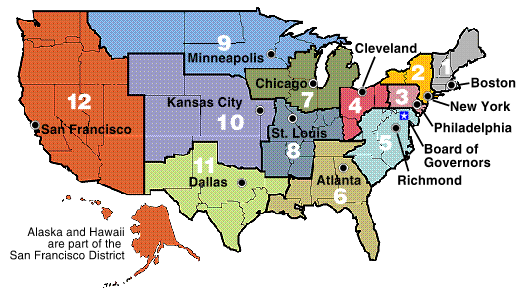 Image map of the United States with links to websites of the Federal Reserve Districts