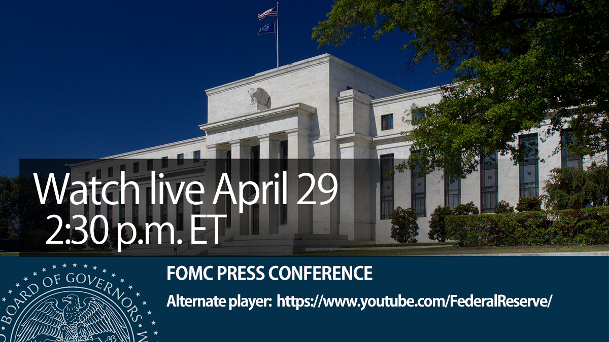 This graphic announces an upcoming Federal Open Market Committee press conference. The image features the Federal Reserve headquarters building (Eccles Building) with its distinctive white marble facade and classical columns, set against a deep blue sky. 