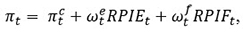 \pi_t= \pi_t^c+\omega_t^e \mathit{RPIE}_t+\omega_t^f \mathit{RPIF}_t,