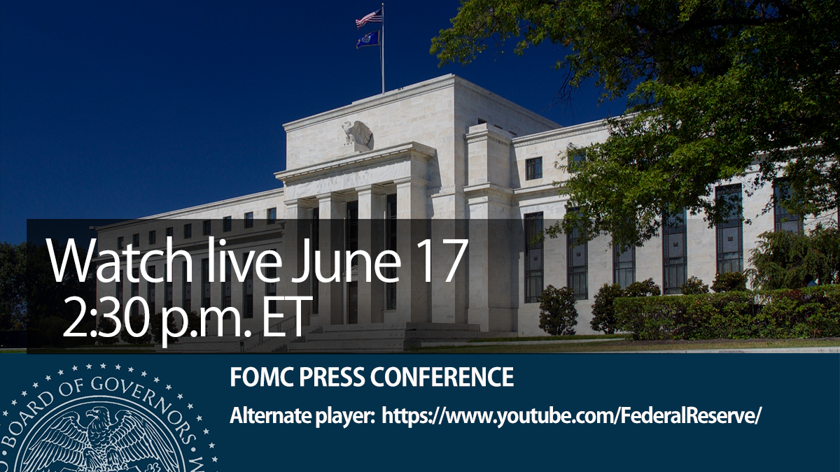 This graphic announces an upcoming Federal Open Market Committee press conference. The image features the Federal Reserve headquarters building (Eccles Building) with its distinctive white marble facade and classical columns, set against a deep blue sky. 