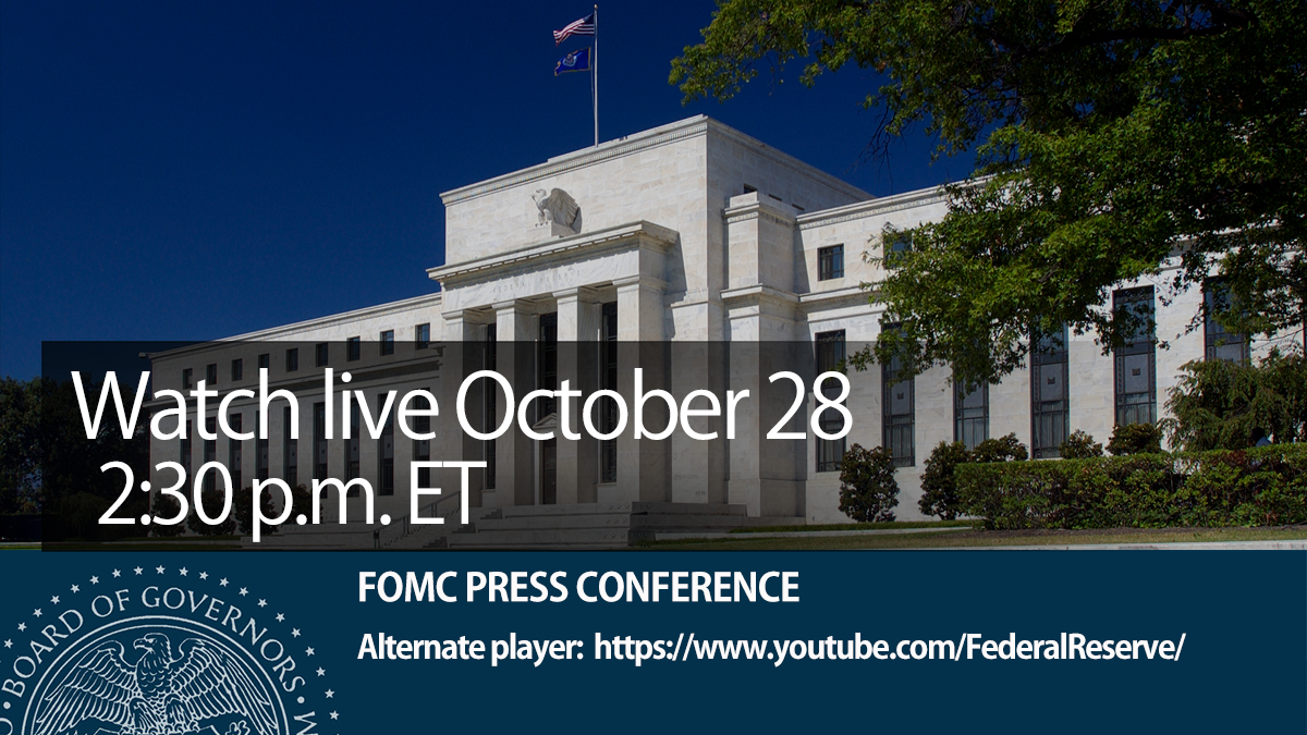 This graphic announces an upcoming Federal Open Market Committee press conference. The image features the Federal Reserve headquarters building (Eccles Building) with its distinctive white marble facade and classical columns, set against a deep blue sky. 