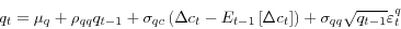 \begin{displaymath} q_{t}=\mu_{q}+\rho_{qq}q_{t-1}+\sigma_{qc}\left( \Delta c_{t}-E_{t-1}\left[ \Delta c_{t}\right] \right) +\sigma_{qq}\sqrt{q_{t-1}}\varepsilon_{t}^{q} \end{displaymath}
