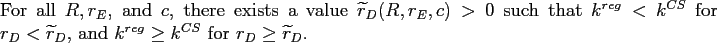 \begin{proposition} For all $R,r_{E}$, and $c$, there exists a value $\widetilde{r}_{D}% (R,r_{E},c)>0$\ such that $k^{reg}<k^{CS}$\ for $r_{D}<\widetilde{r}_{D}$, and $k^{reg}\geq k^{CS}$\ for $r_{D}\geq\widetilde{r}_{D}$. \end{proposition}