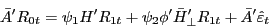 \begin{displaymath} {\bar {A}}'R_{0t} =\psi _1 {H}'R_{1t} +\psi _2 {\phi }'{\bar {H}}'_\bot R_{1t} +{\bar {A}}'\hat {\varepsilon }_t \end{displaymath}