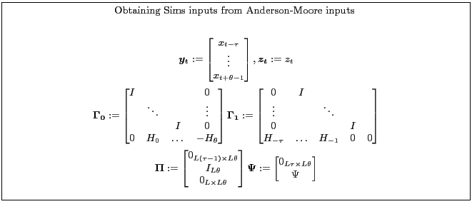 \fbox{\parbox{0.9\textwidth}{\small \centerline{Obtaining Sims inputs from Ander... ...:= \begin{bmatrix} 0_{L\tau\times L\theta}\\ \Psi \end{bmatrix}\end{gather*} }}