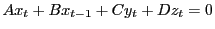 LaTex Encoded Math: \displaystyle A x_t + B x_{t-1} + C y_t + D z_t = 0