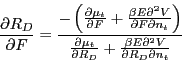 \begin{displaymath} \frac{\partial R_D }{\partial F}=\frac{-\left( {\frac{\partial \mu _t }{\partial F}+\frac{\beta E\partial ^2V}{\partial F\partial n_t }} \right)}{\frac{\partial \mu _t }{\partial R_D }+\frac{\beta E\partial ^2V}{\partial R_D \partial n_t }} \end{displaymath}