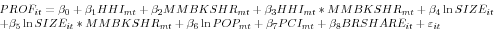 \begin{displaymath} \begin{array}{l} PROF_{it} =\beta _0 +\beta _1 HHI_{mt} +\beta _2 MMBKSHR_{mt} +\beta _3 HHI_{mt} \ast MMBKSHR_{mt} +\beta _4 \ln SIZE_{it} \ +\beta _5 \ln SIZE_{it} \ast MMBKSHR_{mt} +\beta _6 \ln POP_{mt} +\beta _7 PCI_{mt} +\beta _8 BRSHARE_{it} +\varepsilon _{it} \ \end{array}\end{displaymath}