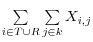 \sum\limits_{i\in T\cup R} {\sum\limits_{j\in k} {X_{i,j} } } 