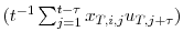  (t^{-1}\sum\nolimits_{j=1}^{t-\tau}{x_{T,i,j}u_{T,j+\tau}})