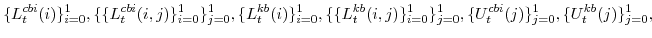 \displaystyle \{L^{cbi}_{t}(i)\}_{i=0}^{1},\{\{L^{cbi}_{t}(i,j)\}_{i=0}^{1}\}_{j=0}^{1}, \{L^{kb}_{t}(i)\}_{i=0}^{1},\{\{L^{kb}_{t}(i,j)\}_{i=0}^{1}\}_{j=0}^{1}, \{U^{cbi}_{t}(j)\}_{j=0}^{1},\{U^{kb}_{t}(j)\}_{j=0}^{1},