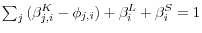 \sum\nolimits_j {(\beta _{j,i}^K -\phi _{j,i} )+\beta _i^L } +\beta _i^S =1