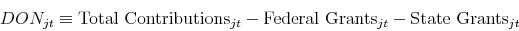 \begin{displaymath} DON_{jt} \equiv \mbox{Total Contributions}_{jt} - \mbox{Federal Grants}_{jt} - \mbox{State Grants}_{jt} \end{displaymath}