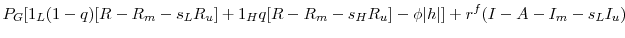\displaystyle P_G[1_L(1-q)[R-R_m-s_LR_u]+1_Hq[R-R_m-s_HR_u]-\phi\vert h\vert] + r^{f}(I-A-I_m-s_LI_u)