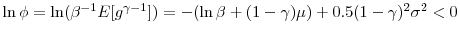  \ln\phi=\ln(\beta^{-1}E[g^{\gamma-1}])=-(\ln\beta +(1-\gamma)\mu)+0.5(1-\gamma)^{2}\sigma^{2}<0