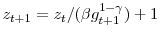 \displaystyle z_{t+1}=z_{t}/(\beta g_{t+1}^{1-\gamma})+1 