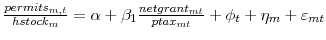  \frac{permits_{m,t}}{hstock_{m}}=\alpha +\beta_{1}\frac{netgrant_{mt}}{ptax_{mt}}+\phi_{t}+\eta_{m}+\varepsilon_{mt}
