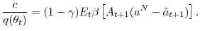 \displaystyle \frac{c}{q(\theta_{t})}=(1-\gamma)E_{t}\beta\left[ A_{t+1}(a^{N}-\tilde {a}_{t+1})\right] . 