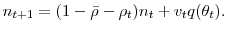  n_{t+1}=(1-\bar{\rho}-\rho_{t})n_{t}+v_{t}q(\theta_{t}).