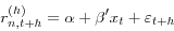 \begin{displaymath} r_{n,t+h}^{(h)} =\alpha +{\beta }'x_t +\varepsilon _{t+h} \end{displaymath}